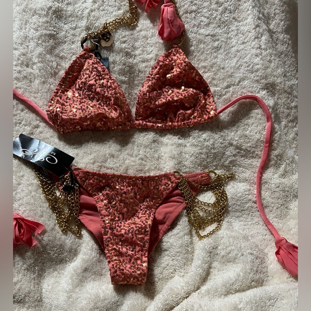 Sequin Coral Pink Chain-Accent Bikini Set